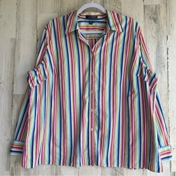 LRL Lauren Ralph Lauren Casual Button Down Shirt Women’s Size 1X Rainbow Stripes - Picture 1 of 10